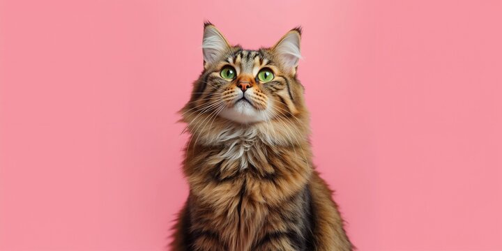 Young adult feline with tabby markings resting on pink backdrop, highlighting pet tranquility