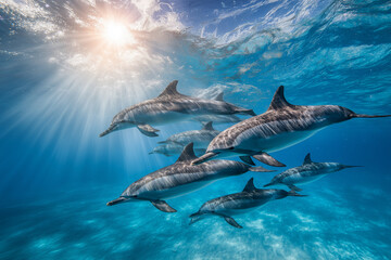 Fototapeta premium Group of dolphins swimming freely underwater with sunlight rays in clear blue ocean water