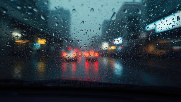 Wet windshield with raindrops and urban traffic blur, highlighting vehicle safety during rainy conditions