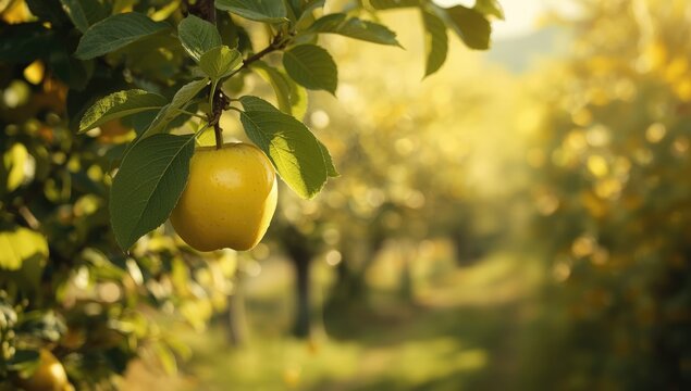 Juicy apple on tree branch in orchard, highlighting seasonal harvest