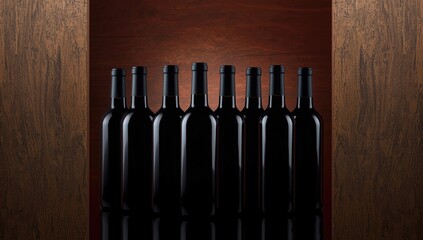 Row of dark wine bottles on a wooden backdrop, highlighting bar display and wine storage for social gatherings