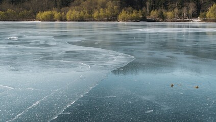 Frozen lake showing melting ice and thawing edges during spring, highlighting natural seasonal change