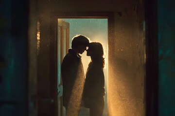 Intimate couple standing face to face in doorway with glowing light symbolizing love transition and meaningful shared future