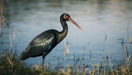 Detailed view of a Glossy ibis bird with reflective plumage, highlighting avian diversity, World Migratory Bird Day