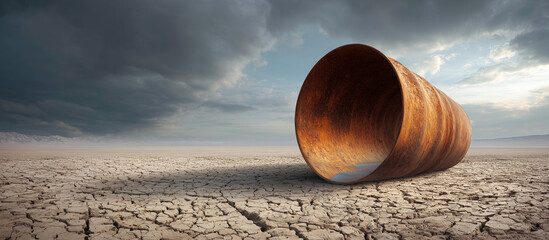 oil barrel with pump in the cracked lanscape