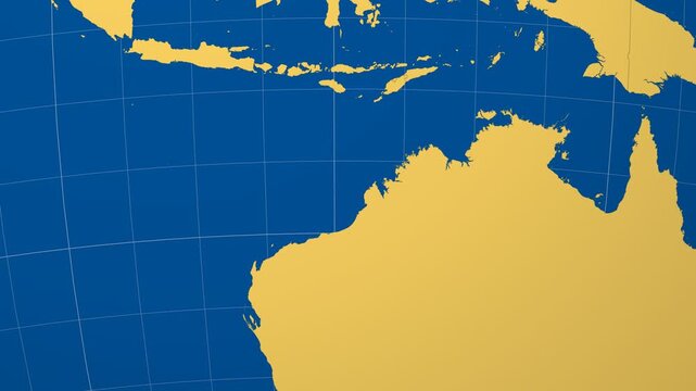 Fiji on Globe. Animated zoom into the country in Ocean Blue Golden Yellow color palette. Fiji logo animation. Map with meridians, parallels. Awesome video.