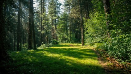 Obraz premium Summer pine woodland scene featuring vibrant green trees and grass, used as a nature landscape backdrop, Earth Day