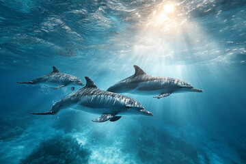 Fototapeta premium Group of dolphins swimming freely underwater with sunlight rays in clear blue ocean water