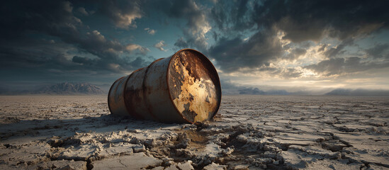 oil barrel with pump in the cracked lanscape