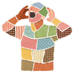 Paper collage illustration of shouting man with hands near ears