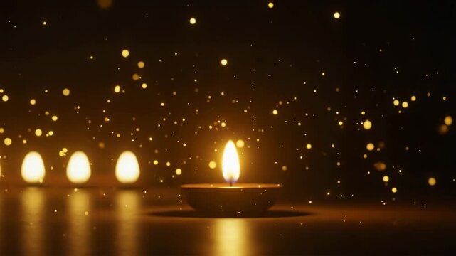 Candle glowing with warm light and sparks in dark setting  