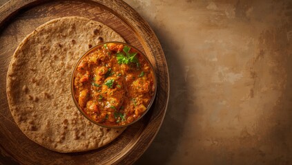 Khapli wheat flatbread accompanied by smoky baingan bharta, emphasizing traditional Indian cuisine with emphasis on whole grains