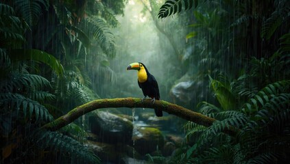 Fototapeta premium Stream with sizable stones and dense trees in a rainforest landscape during rainfall, highlighting erosion concerns