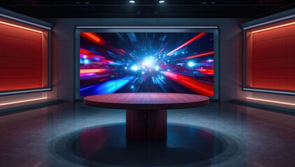 News studio setup featuring a wooden desk and illuminated LED backdrop, suitable for live broadcasts