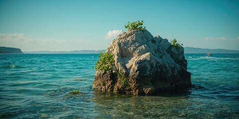 Coastal rocks on the beach, shaped by water erosion, ideal for background textures or layout design