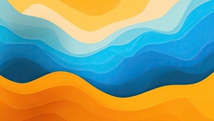 Abstract, layered wavy design featuring hues of orange, blue, and yellow with light and shadow