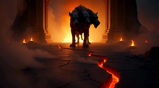 Mythical Three-Headed Cerberus Guarding Fiery Underworld Gate, Ancient Greece