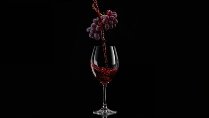 Obraz premium Flowing wine into a glass with dark grapes above, ideal for beverage layout design
