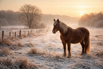 Nostalgic image showing a horse in a frozen open countryside