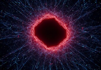 Abstract digital background showing a complex, glowing network with a central, distinct void representing unexplored data and missing connectivity, finding, system, emptiness