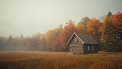 Obraz premium Scandinavian-style small farm structure surrounded by fall foliage in a dense forest on a cloudy day, seasonal change