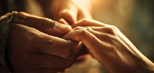 Emotional engagement moment with man proposing to partner under warm lights symbolizing love promise and lifelong commitment