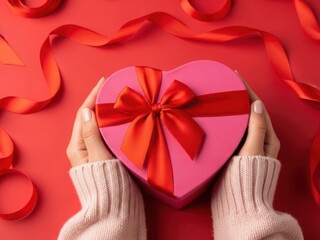Hands holding a pink heart-shaped gift box with red ribbon against a vibrant red surface