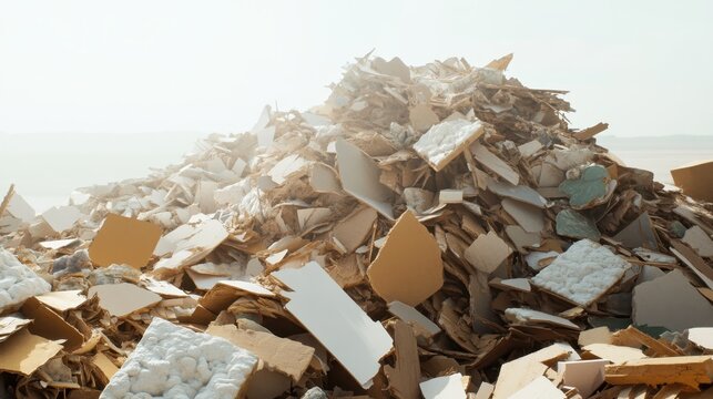 A large pile of construction debris composed of mixed materials including plaster drywall and wood fragments scattered outdoors