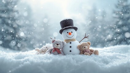 Fototapeta premium Snowman and soft toys in a winter setting, highlighting holiday outdoor activities