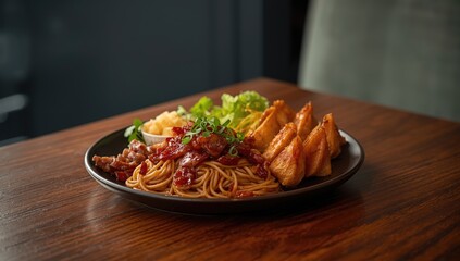 Fototapeta premium Hong Kong-style noodle with chicken charsiew, highlighting savory protein-rich ingredients