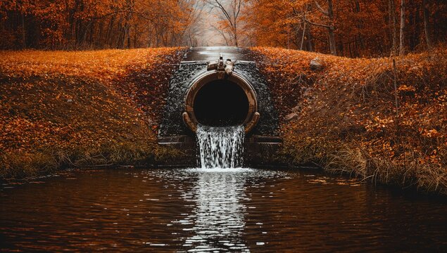 Fall scene with a road culvert highlighting seasonal water runoff management, Earth Day