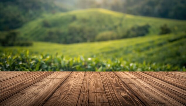 Tea plantation blurred background behind a wooden table top, ideal for editorial header or product layout, World Environment Day