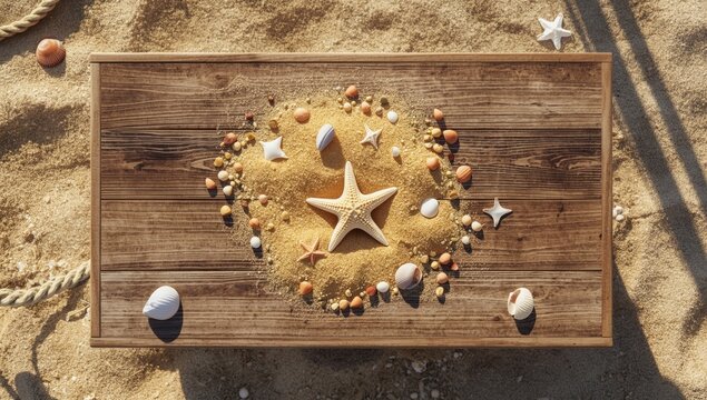 Sea sand with starfish and shells scattered on wooden surface, ideal for summer resort visuals and editorial headers, World Ocean Day