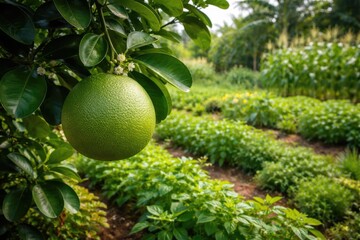 Young pomelo fruit developing on tree surrounded by thriving organic farm vegetation