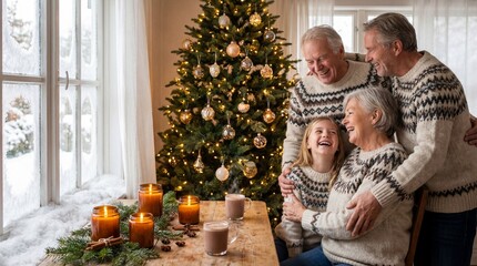 A heartwarming winter scene featuring a multi-generational family, grandparents, and children celebrating Christmas around a decorated tree with warm drinks and candles