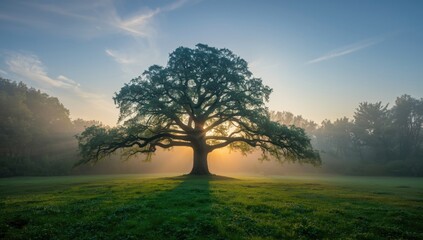 Obraz premium Early morning mist over lush forest landscape with trees and grass, suitable for travel and outdoor project backdrops