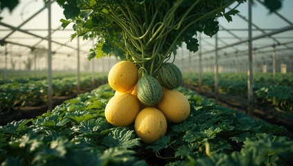 Greenhouse-grown cantaloupe melons emerging from seedlings, highlighting sustainable agriculture
