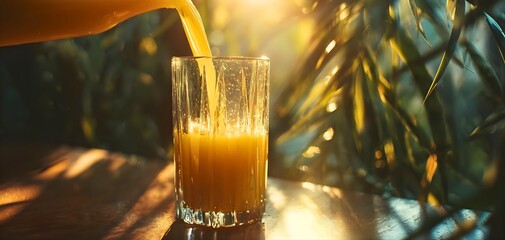 Golden orange juice pouring into clear glass with sunlight creating fresh energizing beverage and healthy lifestyle concept
