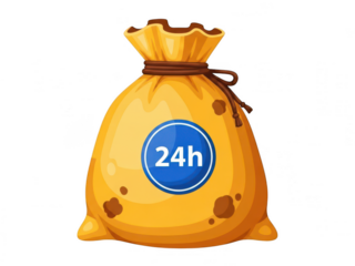 Golden sack with 24h badge symbolizing wealth and availability isolated on transparent background