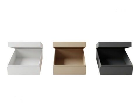 Three open rectangular boxes in white, beige, and black isolated on transparent background