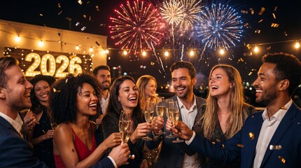 Diverse group of friends celebrating New Year's Eve with fireworks and champagne toast, looking forward to 2026
