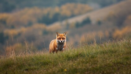 Red fox scanning a vibrant fall landscape from a hillside, highlighting natural erosion risks