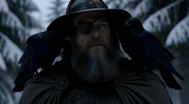 Mysterious One-Eyed Viking Warrior with Ravens in Snowy Forest Landscape