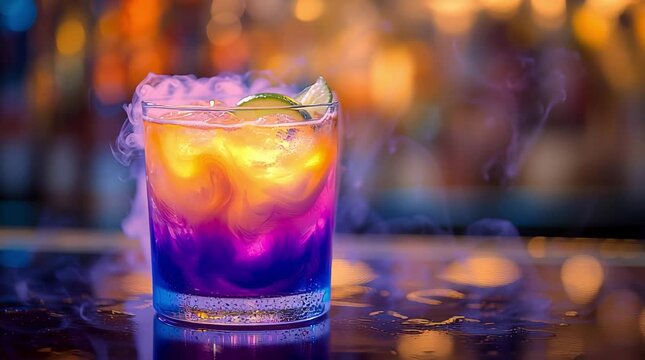 A bright multicolored cocktail with a smoking dry ice effect in a glass glass on the bar counter, a concept of nightlife and celebration.