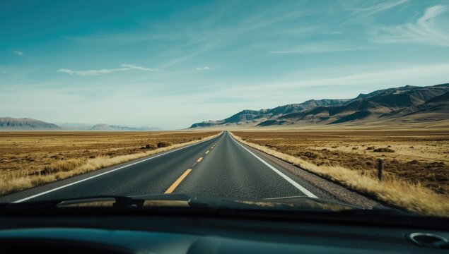 View from within a car onto a lonely Icelandic route surrounded by snow and ice, highlighting winter scenery and road maintenance