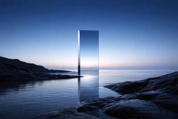 Futuristic minimalist  vista showing calm coastal waters and dark rocky shore with a rectangular reflective element and blue gradient sky