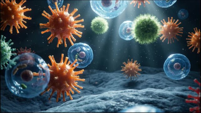 Cinematic 3D animation of orange virus pathogens and green bacteria floating among blue cells in a microscopic fluid environment with dramatic lighting rays and high detail.