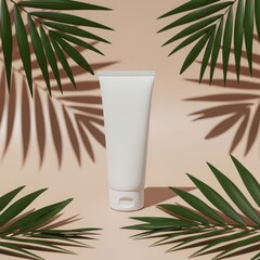 Blank white cosmetic tube mockup surrounded by green palm leaves for natural beauty product presentation