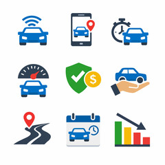 Car rental icons: gps, mobile booking, speed, insurance, savings, location, schedule, trends