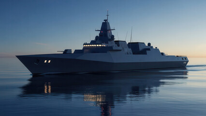 Obraz premium Modern naval destroyer sailing through calm waters at sunset